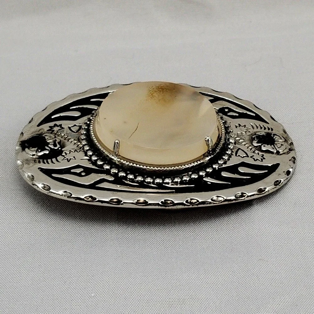 Western Belt Buckle Oval Scything Agate Stone Silver Tone Cowboy USA‎ Made